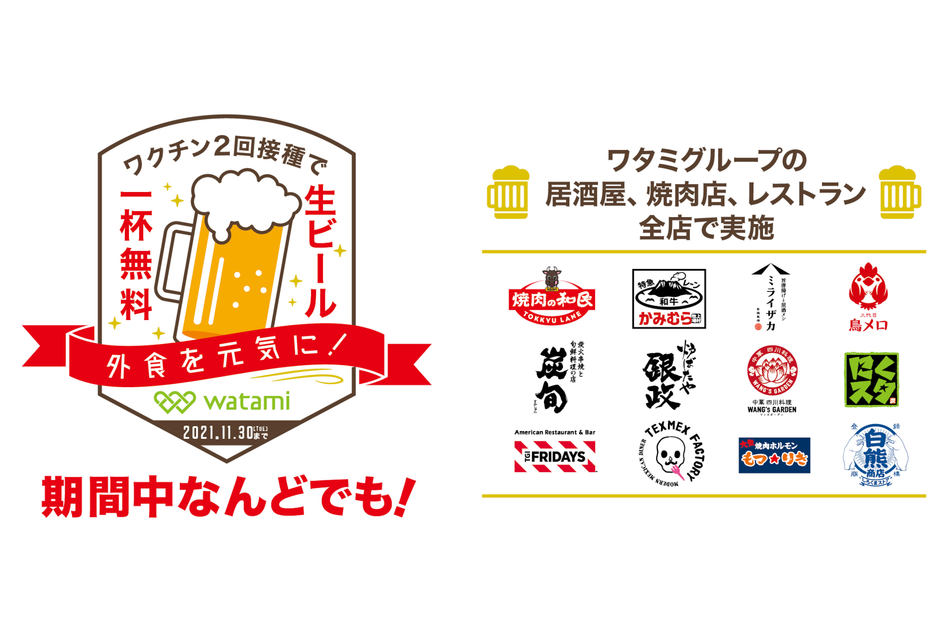 ワタミ 新型コロナのワクチン接種完了者はドリンク1杯無料 焼肉の和民 ミライザカ 鳥メロなどグループ全店 グルメ Watch