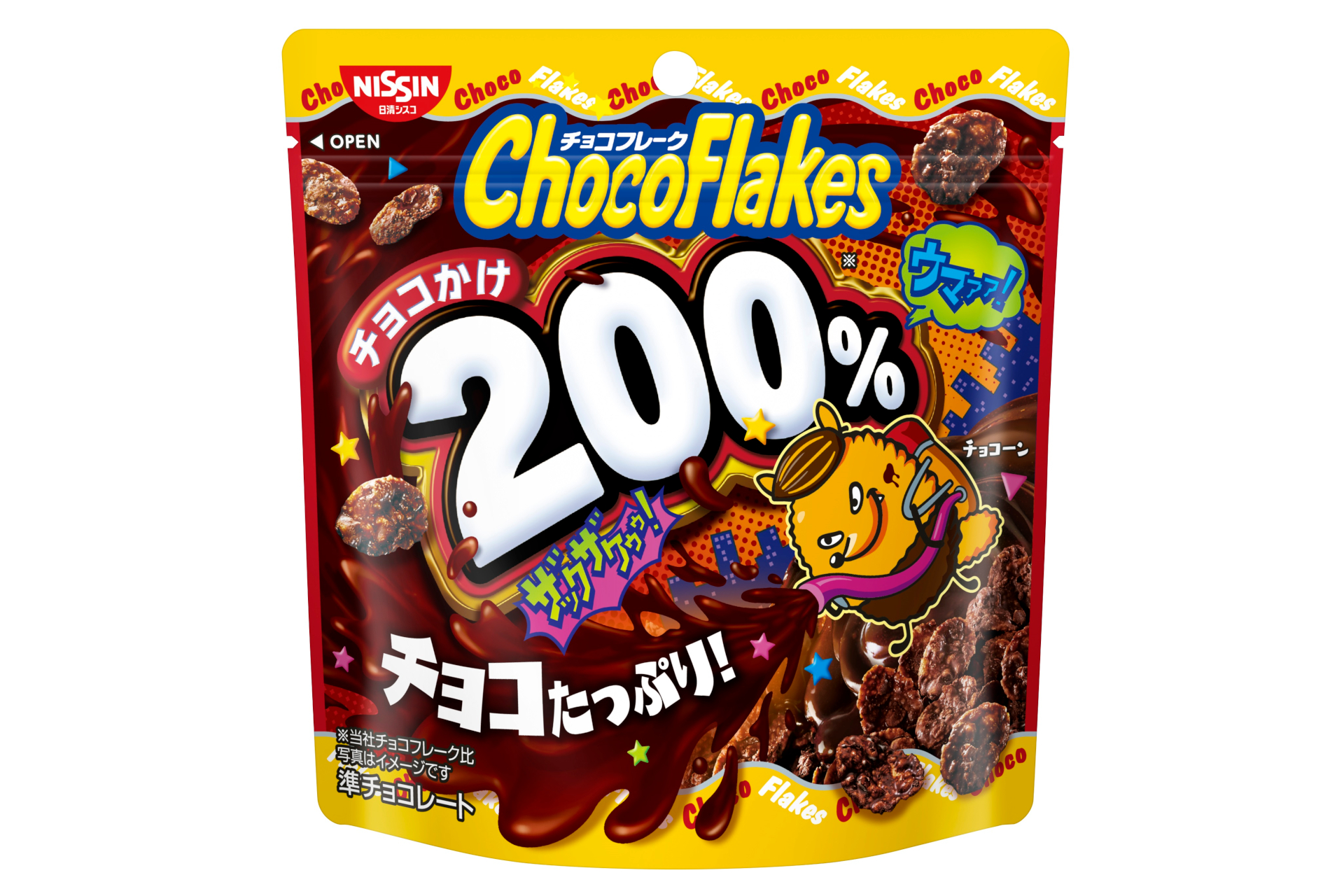 日清シスコ、チョコが2倍の「チョコフレーク チョコかけ200％」を