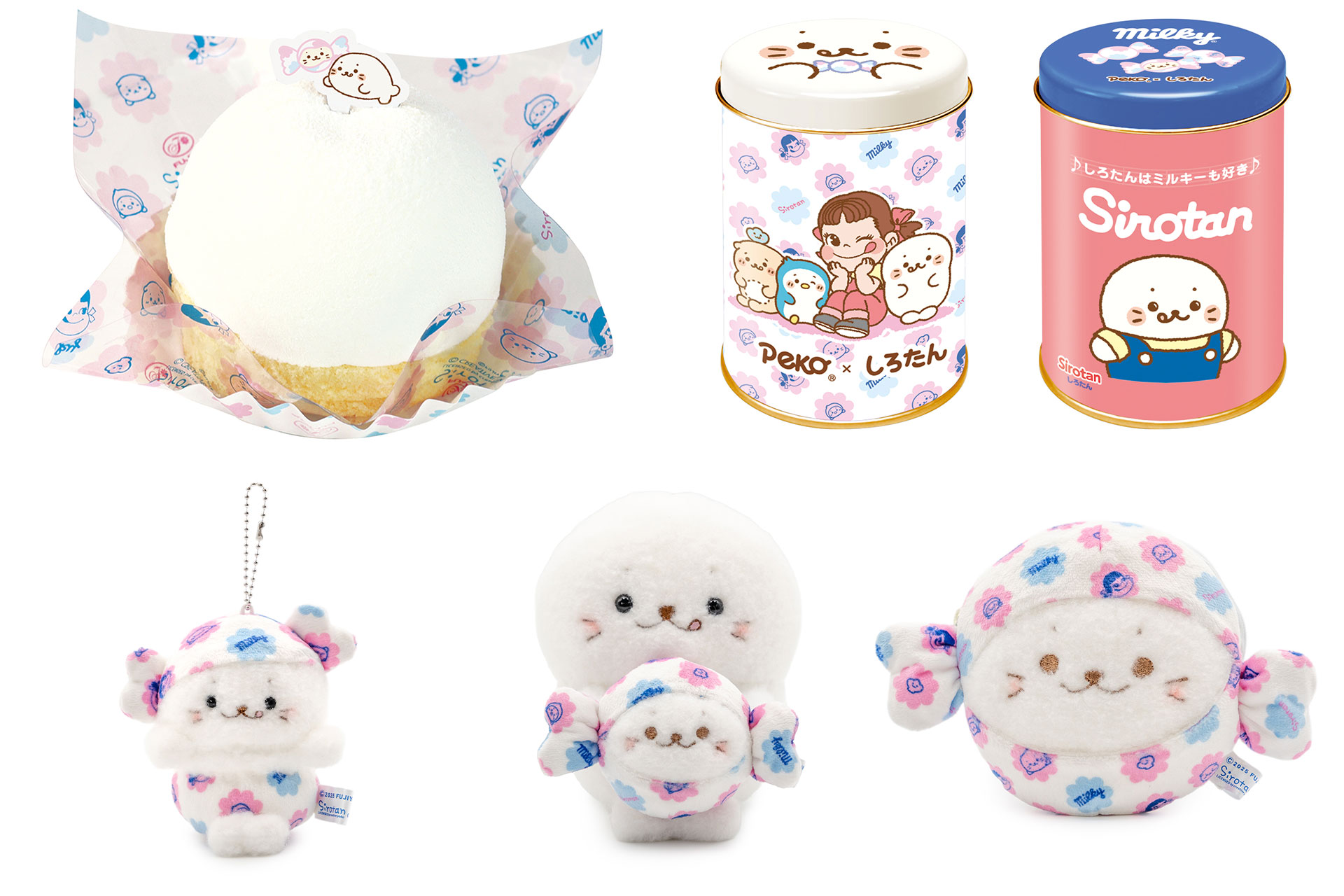 不二家、ペコちゃん×しろたんのスイーツ/ミルキー缶/コラボグッズを
